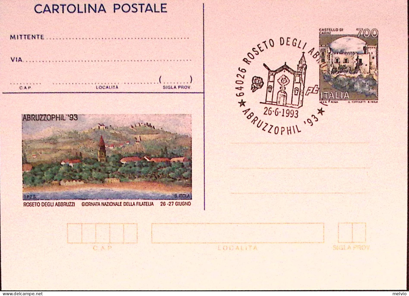 1993-ABRUZZOPHIL Cartolina Postale IPZS Lire 700 Con Ann.spec.(26.6) - Entero Postal