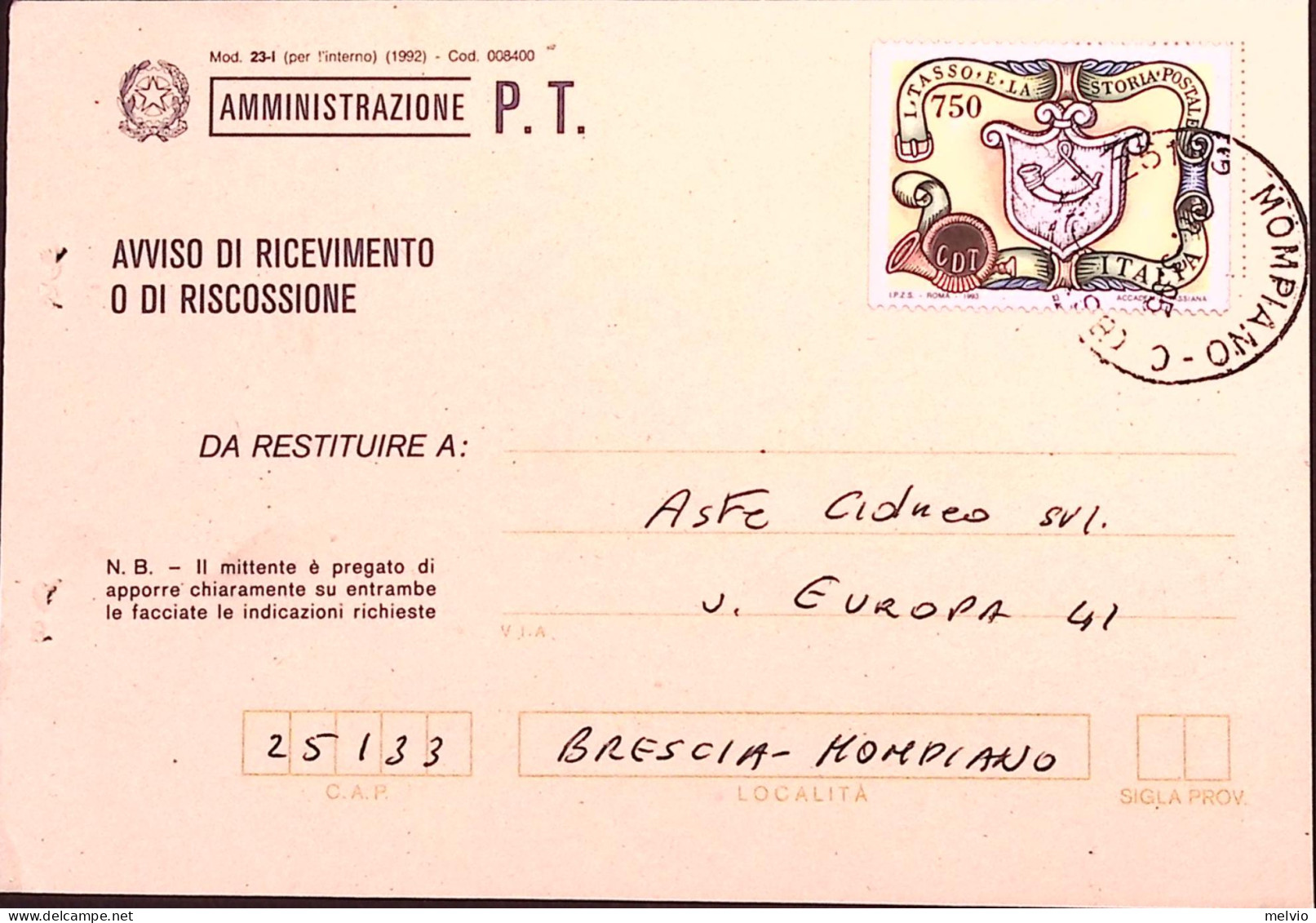 1995-I Tasso Lire 750 Scudo ND Vertic. (2075/I) Isolato Su Avviso Ricevimento. - 1991-00: Poststempel