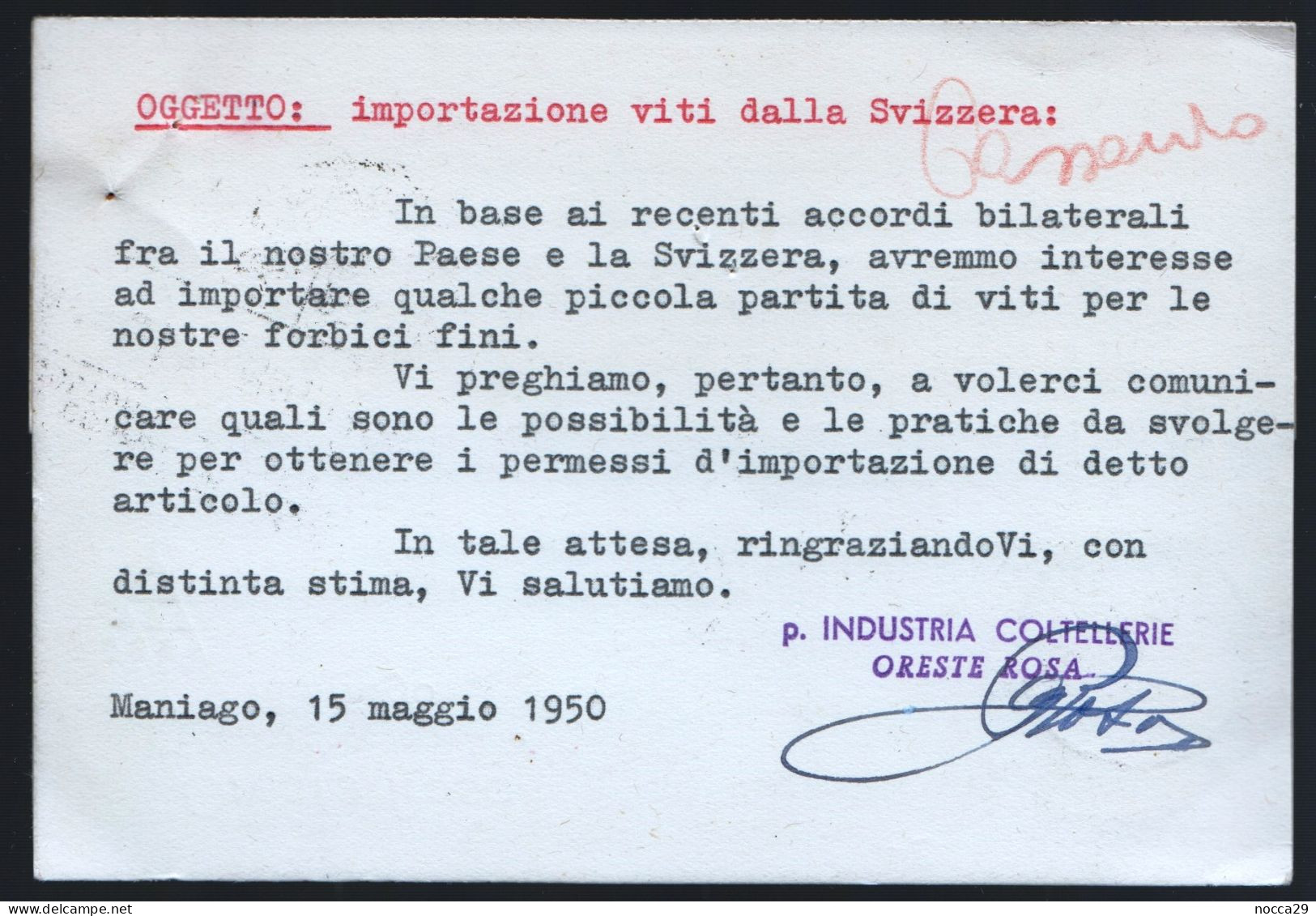 CARTOLINA COMMERCIALE - MANIAGO - PORDENONE - 1950 - FABBRICA COLTELLERIE FINE ORESTE ROSA (INT660) - Shopkeepers