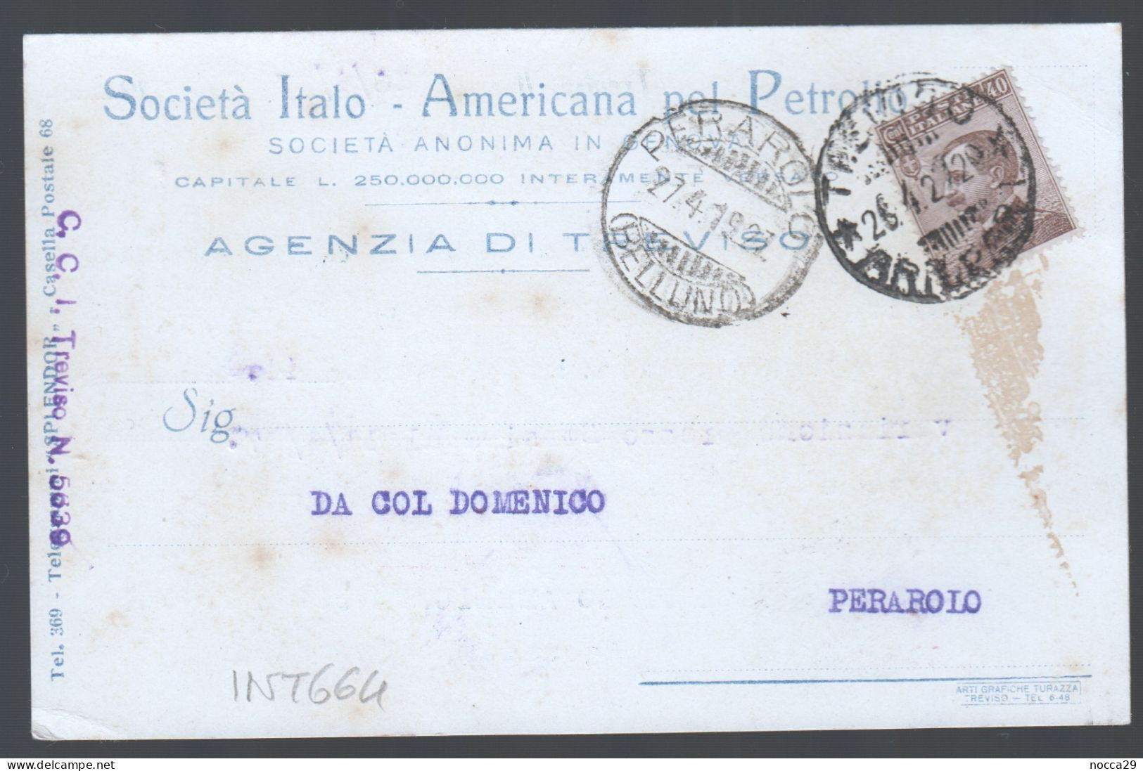 CARTOLINA COMMERCIALE - 1927 - SOCIETA ITALO AMERICANA PEL PETROLIO - AGENZIA DI TREVISO (INT664) - Händler