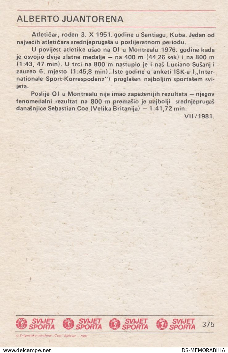 Running Alberto Juantorena Cuba Trading Card Svijet Sporta Olympic Champion In Montreal 1976 - Athlétisme