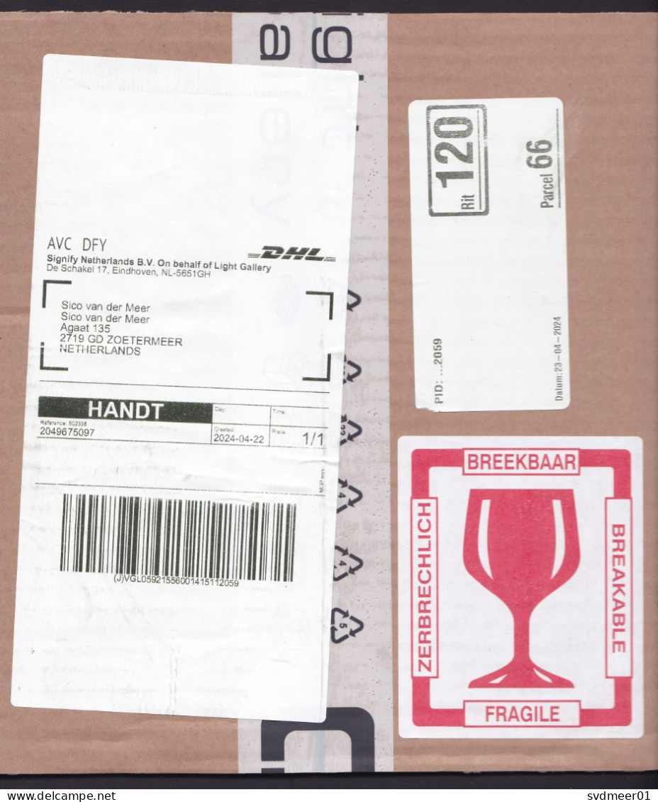 Netherlands: Parcel Fragment (cut-out), 2024, Via DHL Private Postal Service, Label Breakable Fragile (minor Damage) - Covers & Documents