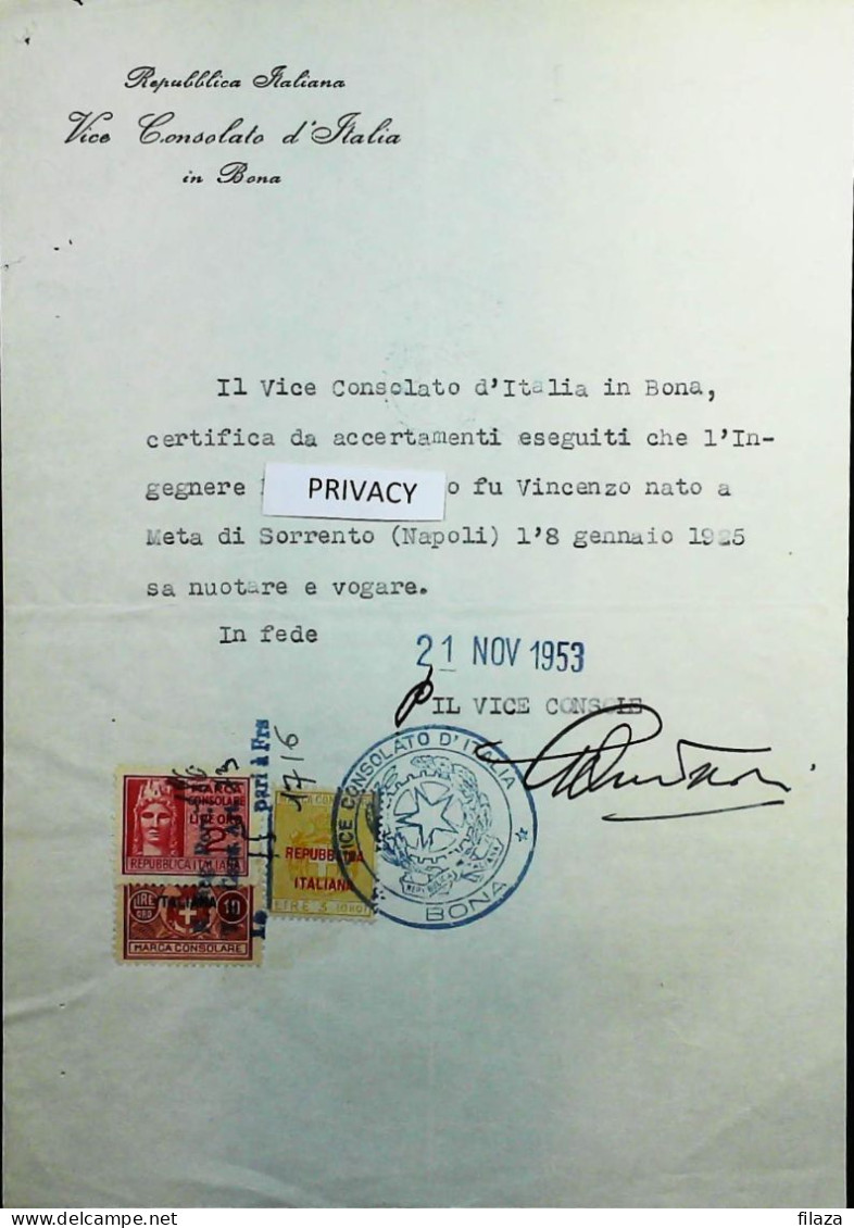 1953 - BONA (ANNABA - ALGERIA) MARCA  CONSOLARE ITALIA - S6943 - Revenue Stamps
