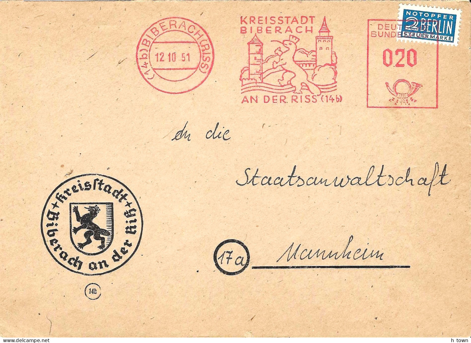 415  Castor: Ema D'Allemagne, 1951 - Beaver Meter Stamp From Biberach, Germany - Knaagdieren