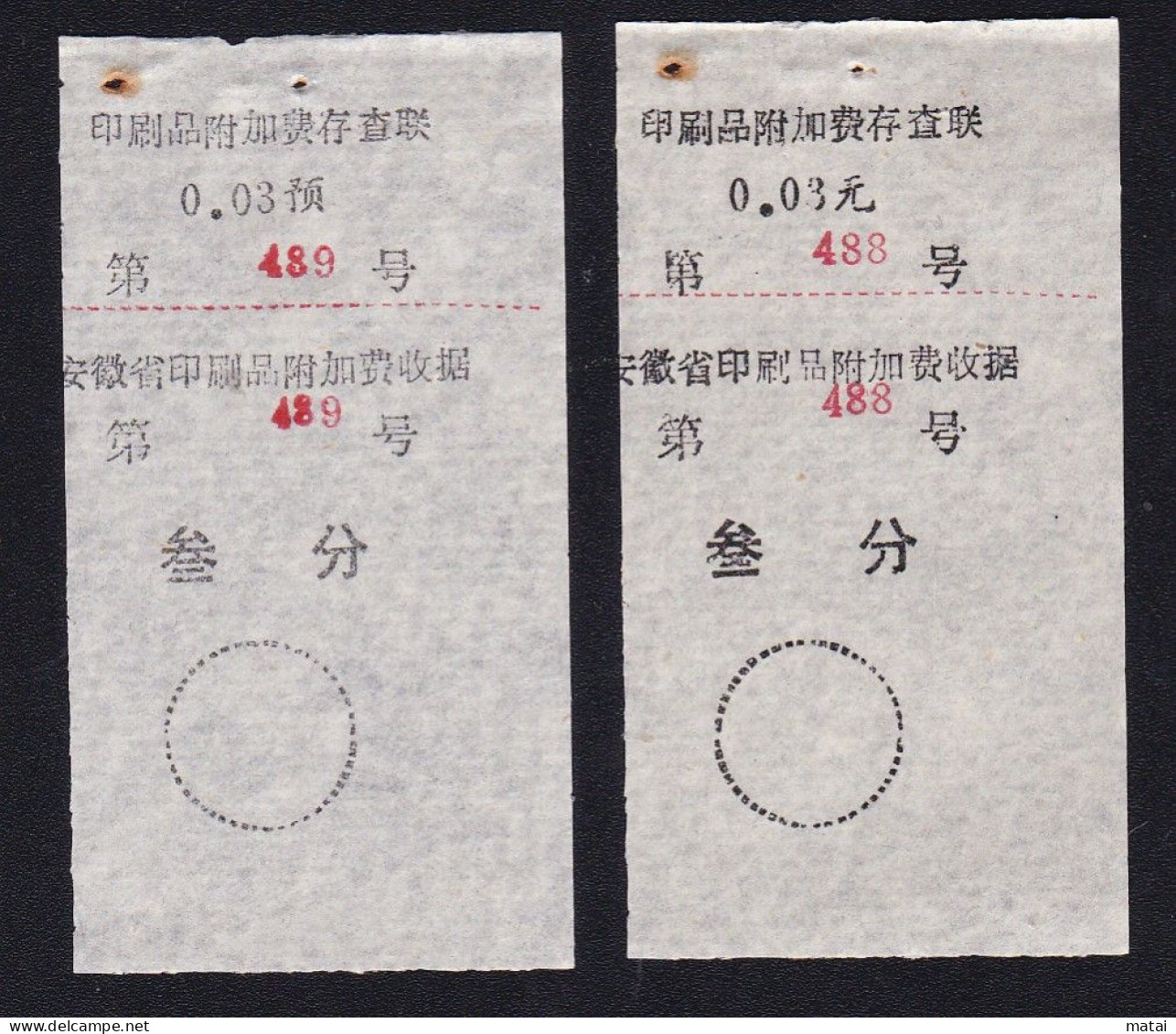 CHINA CHINE CINA ANHUI  ADDED CHARGE LABEL (ACL)  0.03 YUAN  X 2 0.03预 / 0.03元 VARIETY RARE!! - Sonstige & Ohne Zuordnung