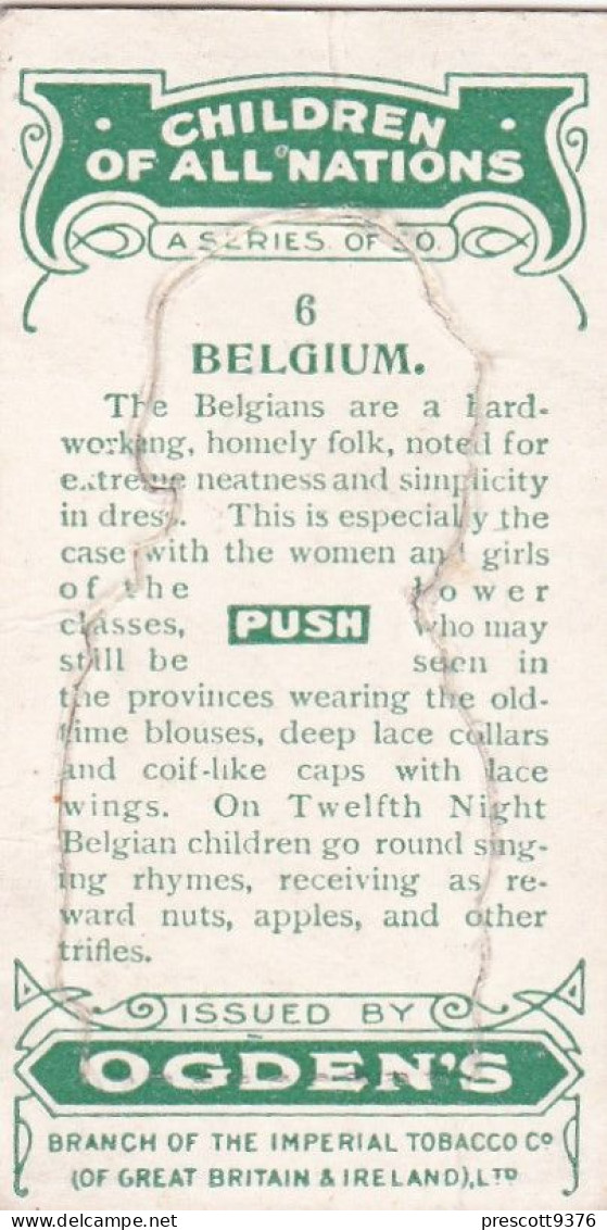 6 Belgium - Children Of All Nations 1924  - Ogdens  Cigarette Card - Original, Antique, Push Out - Ogden's