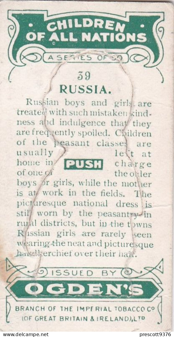 39 Russia - Children Of All Nations 1924  - Ogdens  Cigarette Card - Original, Antique, Push Out - Ogden's