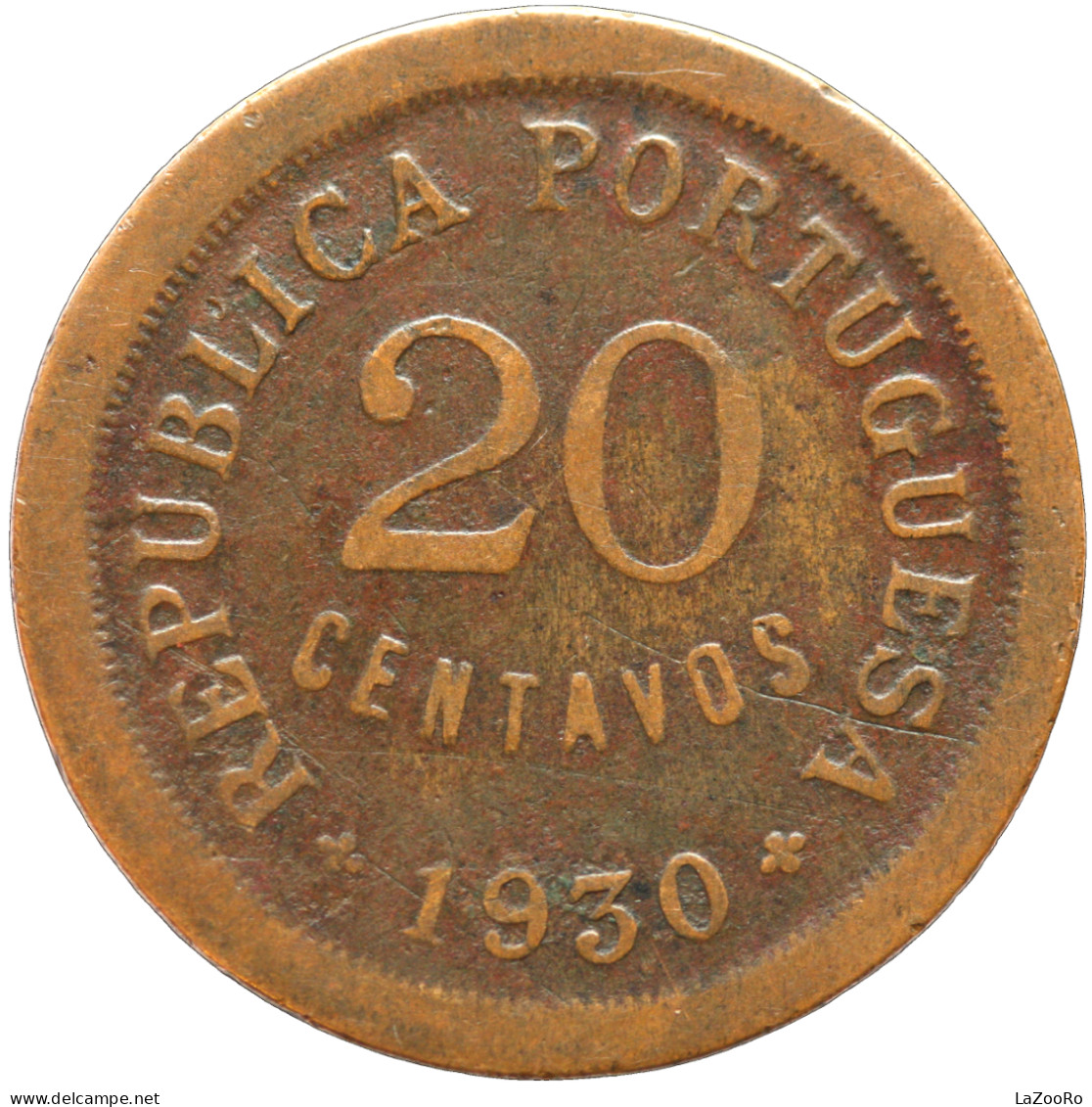 LaZooRo: Portuguese Cape Verde 20 Centavos 1930 VF