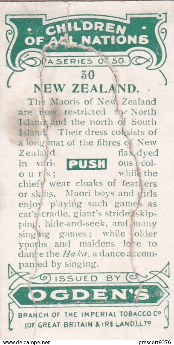 30 New Zealand - Children Of All Nations 1924  - Ogdens  Cigarette Card - Original, Antique, Push Out - Ogden's