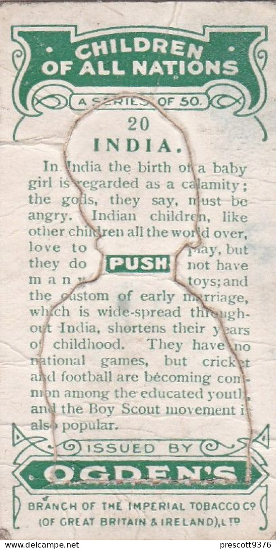 20 India - Children Of All Nations 1924  - Ogdens  Cigarette Card - Original, Antique, Push Out - Ogden's