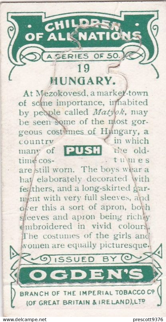 19 Hungary - Children Of All Nations 1924  - Ogdens  Cigarette Card - Original, Antique, Push Out - Ogden's