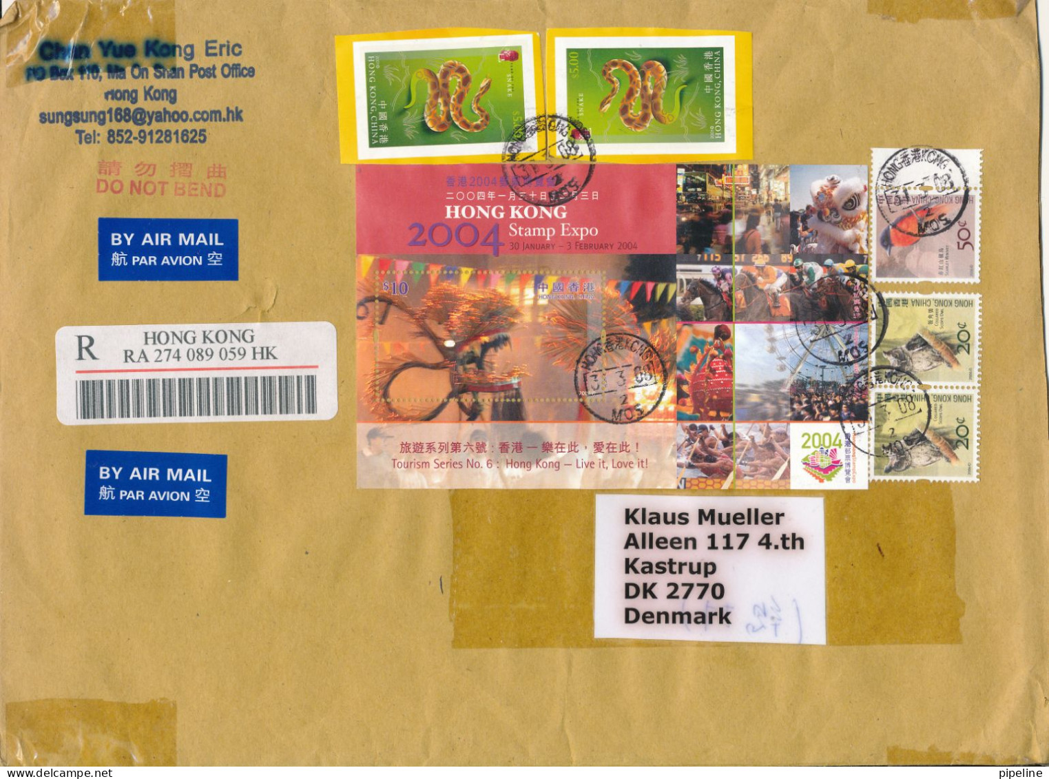 Hong Kong Registered Cover Sent Air Mail To Denmark 31-3-2008 Topic Stamps Big Size Cover - Brieven En Documenten