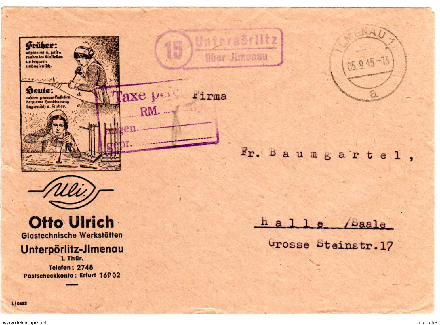 1945, Landpost Stempel 15 UNTERPÖRLITZ über Jlmenau Auf Frühem Taxe Percu Brief! - Storia Postale