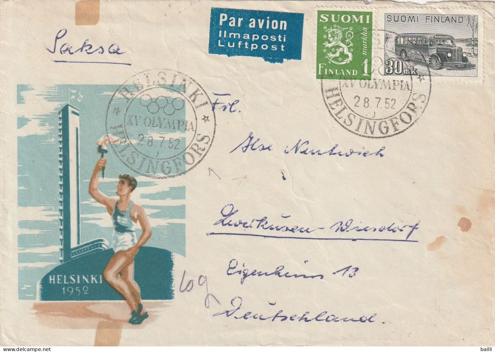 Finlande Lettre Jeux Olympiques Helsinki Pour L'Allemagne 1952 - Brieven En Documenten