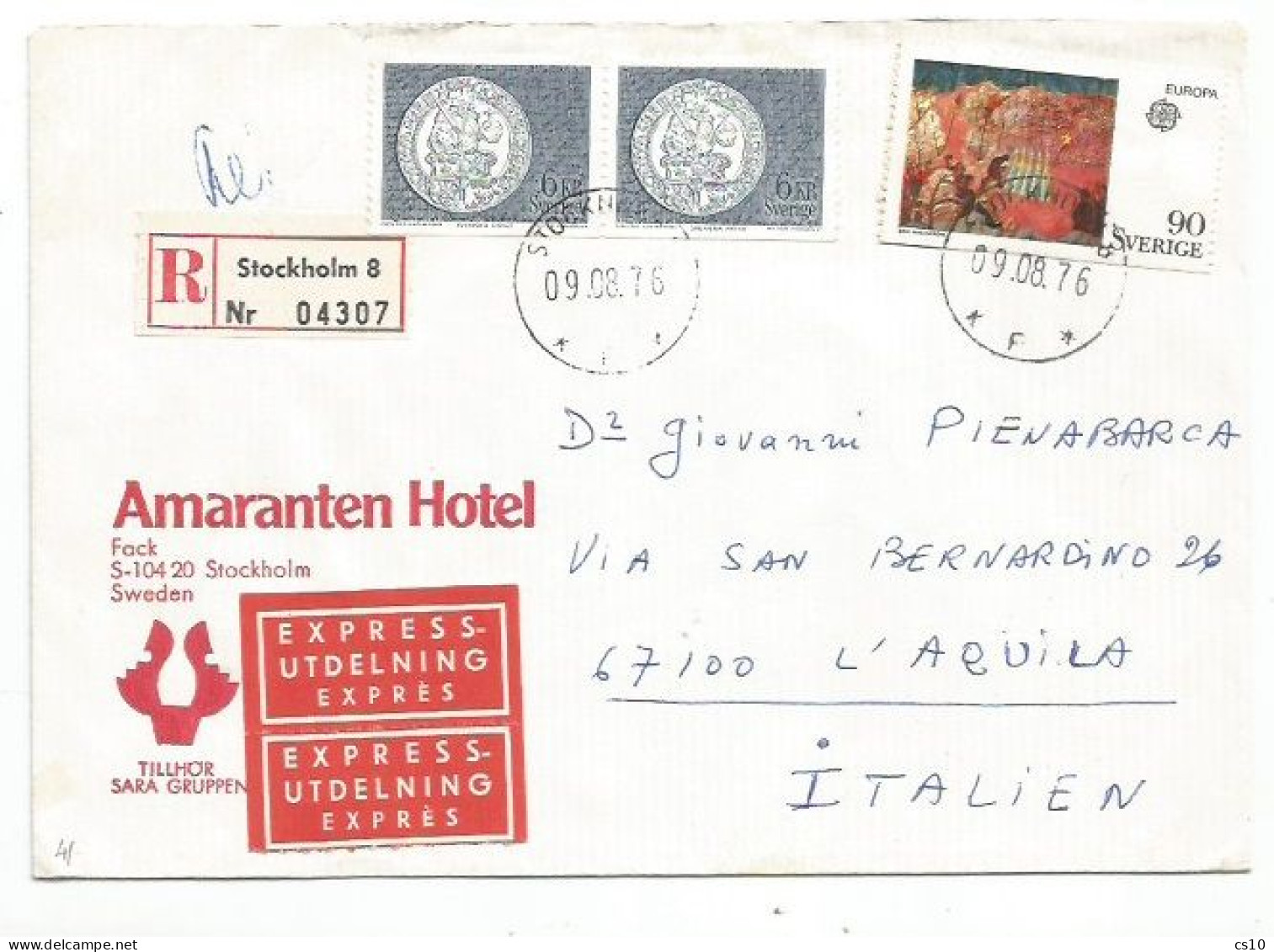 Sweden Registered & Express Hotel Cover Stockholm 9aug1976 To Italy With Europa CEPT O.90 + Gustav Seal 6Kr Pair - 1930- ... Rollen II