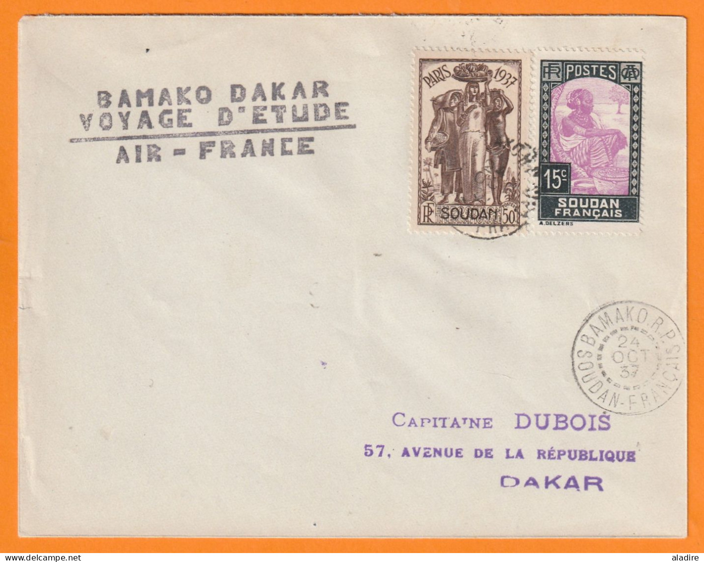 1937 - SOUDAN FRANCAIS, MALI  - Enveloppe Du  Voyage D' étude Air France Bamako-Dakar Sur Laté 28 Bourrasque - Lettres & Documents