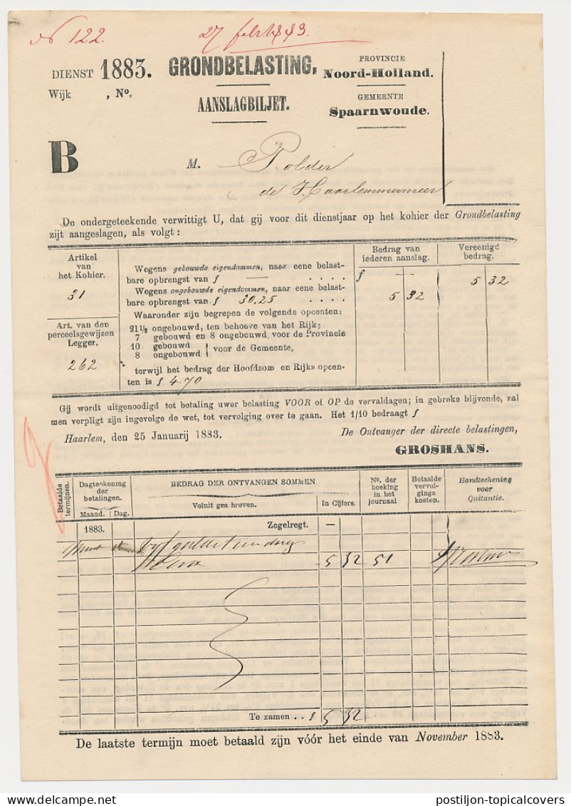 Aanslagbiljet Spaarnwoude - Haarlemmermeerpolder 1883 - Steuermarken