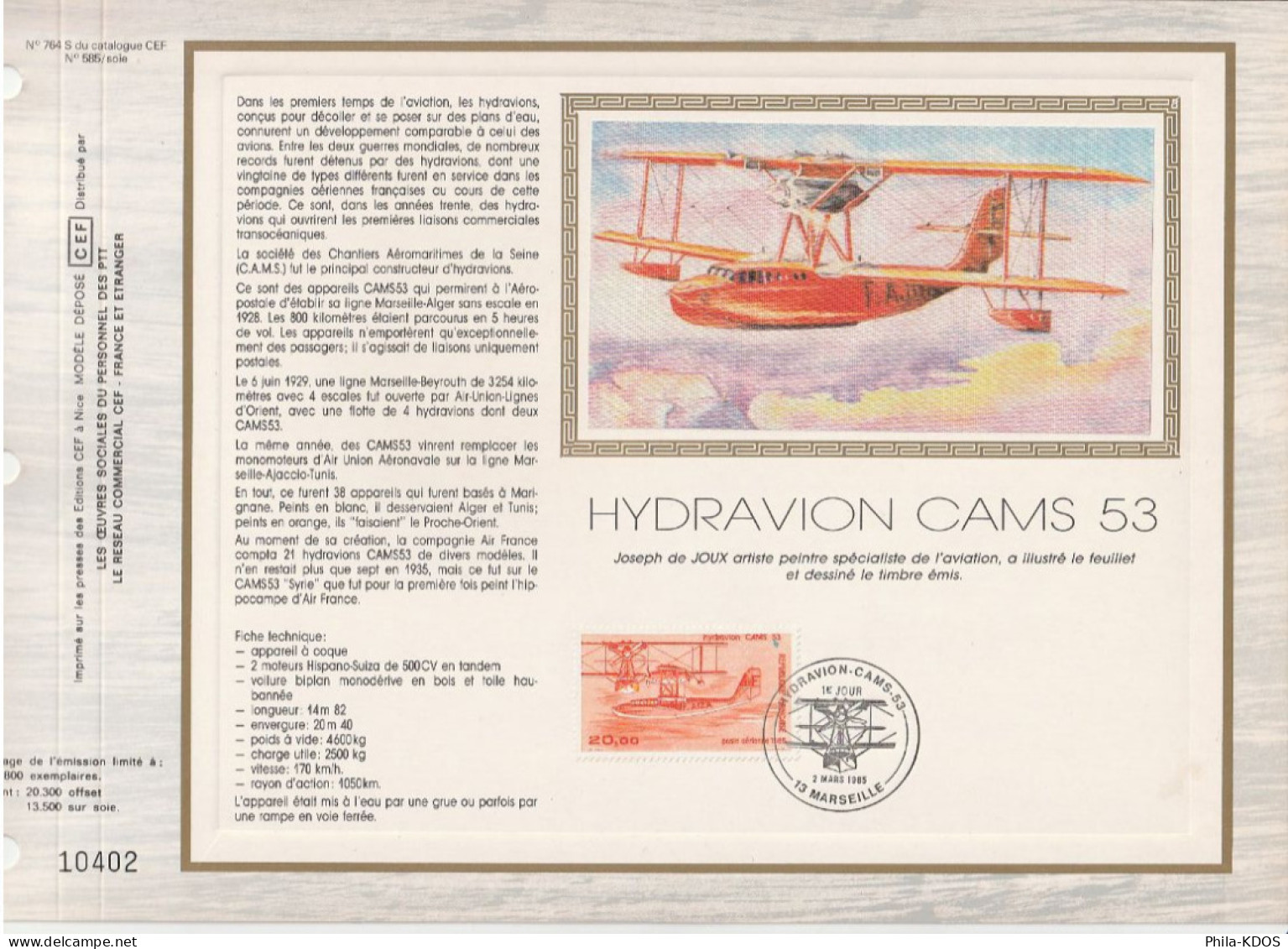 " HYDRAVION CAMS 53 " Sur Feuillet CEF 1er Jour N°té Sur Soie De 1985. N° YT PA 58 Parfait état. FDC - Zonder Classificatie
