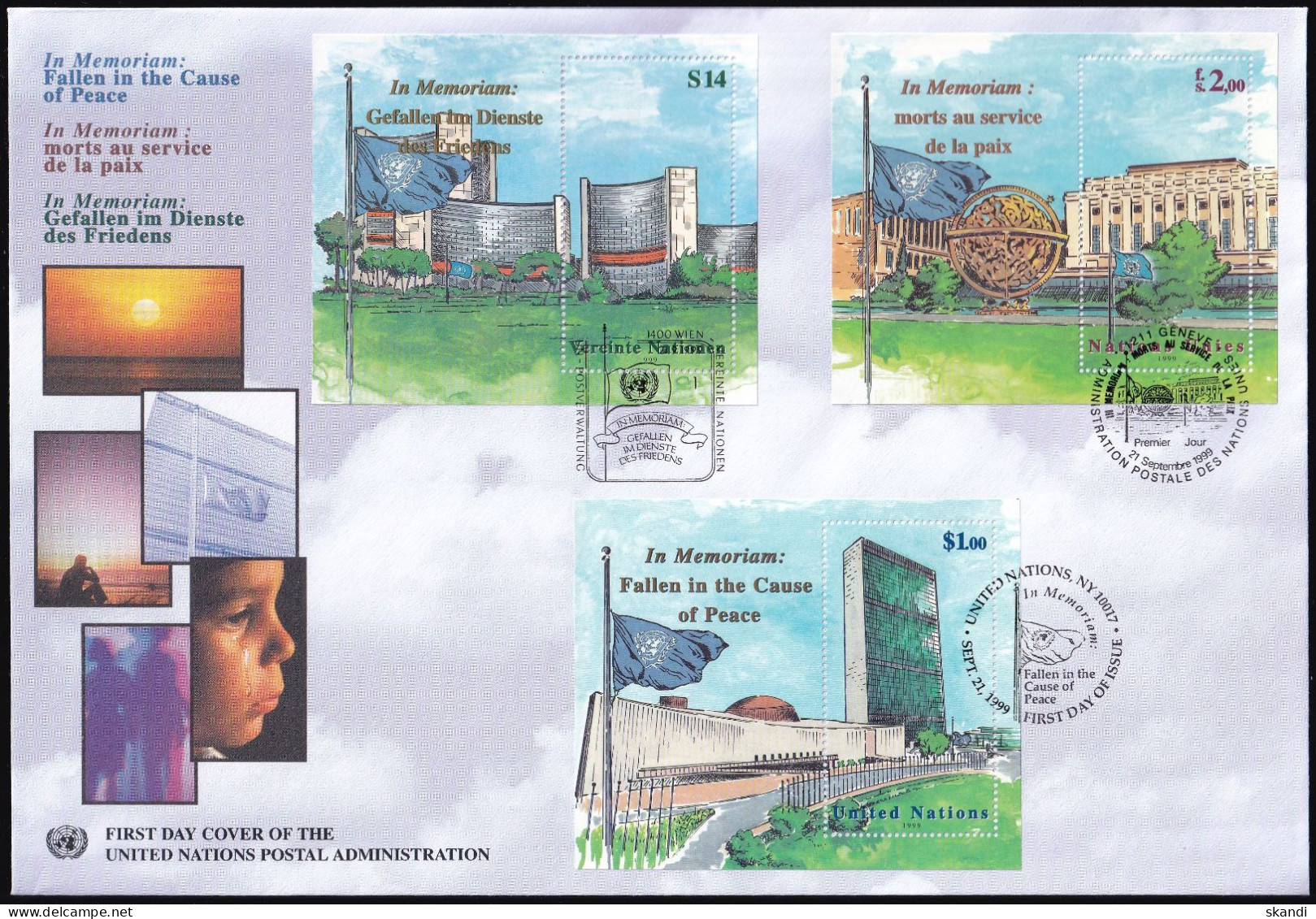 UNO NEW YORK - WIEN - GENF 1999 TRIO-FDC Gefallen Im Dienste Des Friedens - Gezamelijke Uitgaven New York/Genève/Wenen