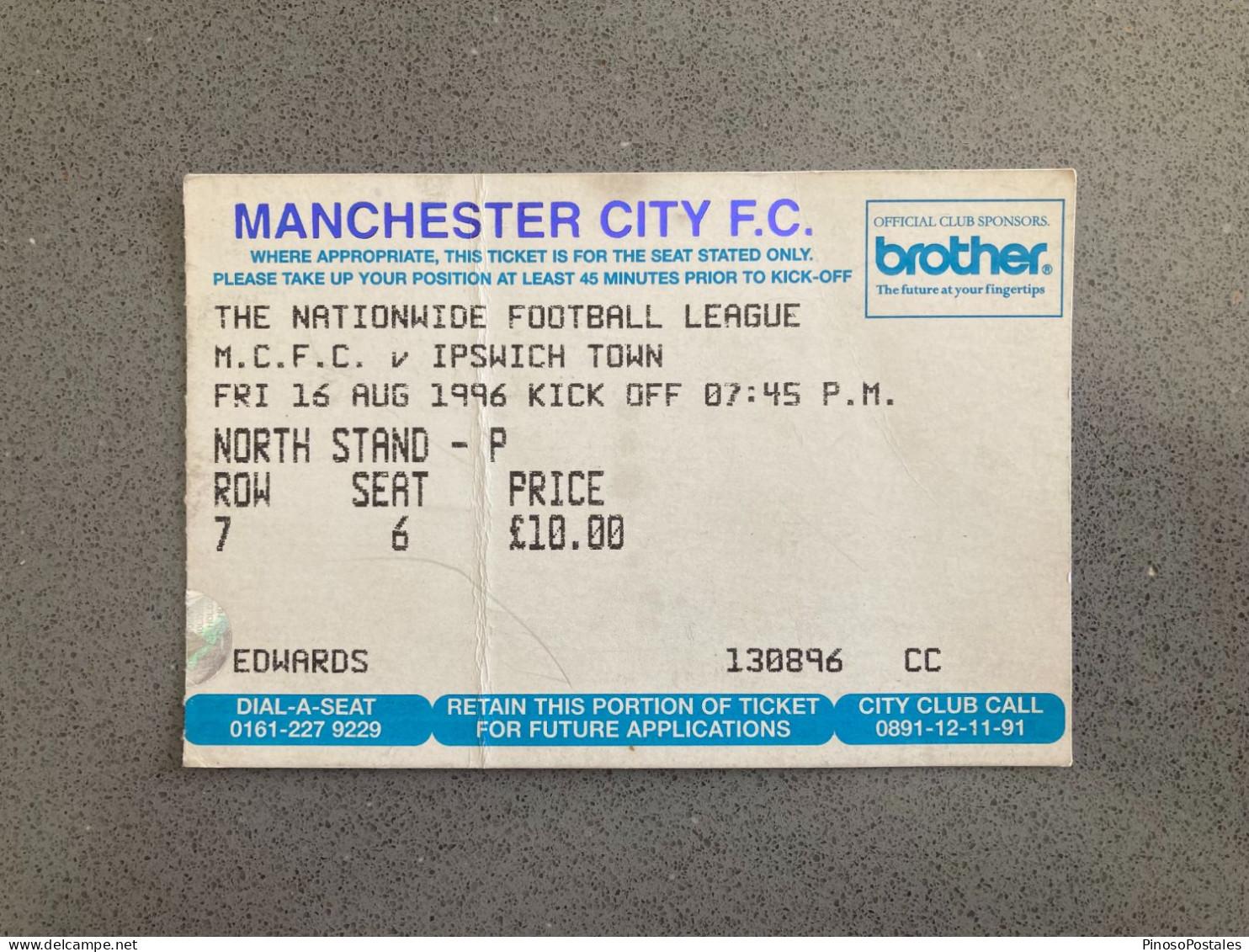Manchester City V Ipswich Town 1996-97 Match Ticket - Match Tickets