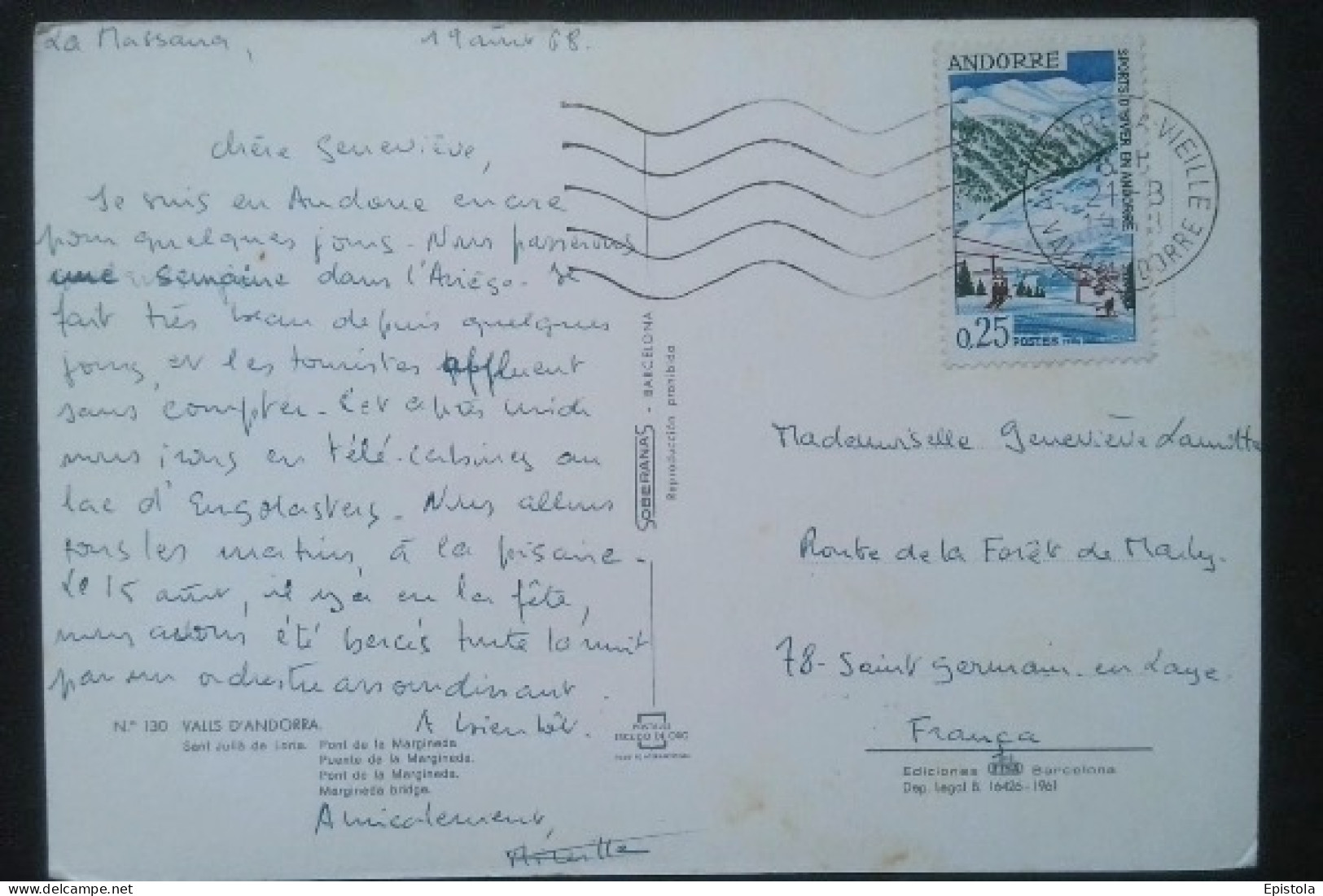 ► ANDORRA 1966--tp 0.25 "Sports D'hiver En Andorre Seul Sur CP 1968 -cachet Andorra La Vella - Covers & Documents