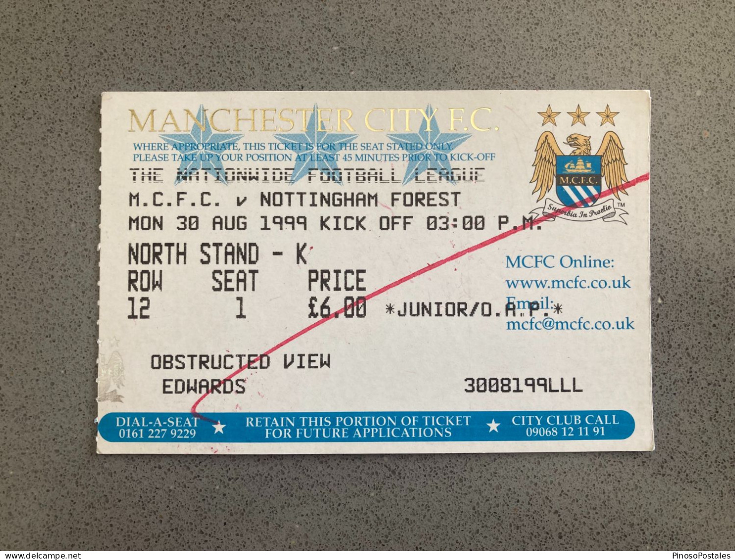 Manchester City V Nottingham Forest 1999-00 Match Ticket - Tickets D'entrée