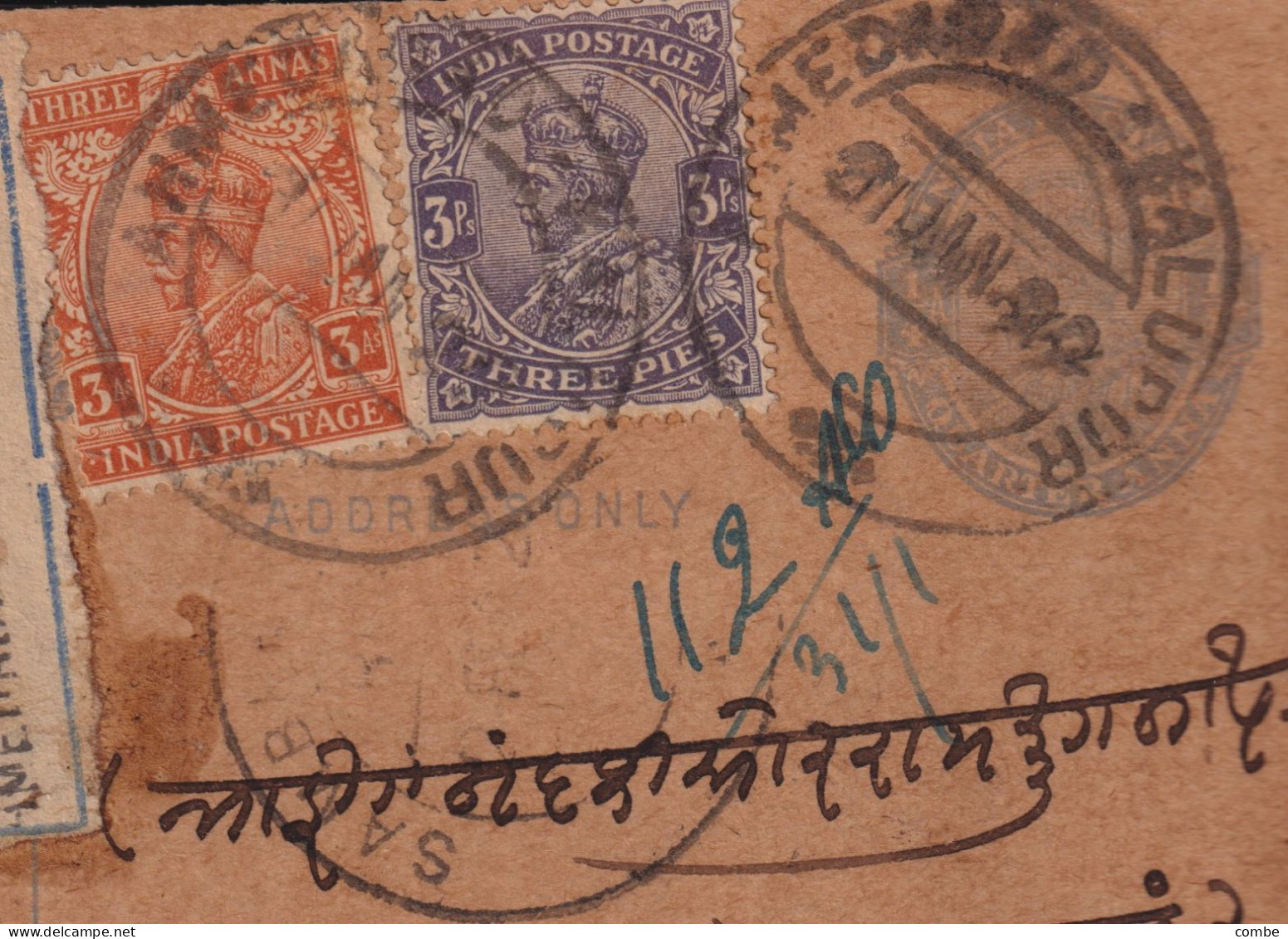 POSTCARD INDIA. REGISTERED. 31 JAN 1922. AHMEDABAD-KALUPUR. STATIONNERY 1/4 A + 3As + 3Ps - 1911-35  George V