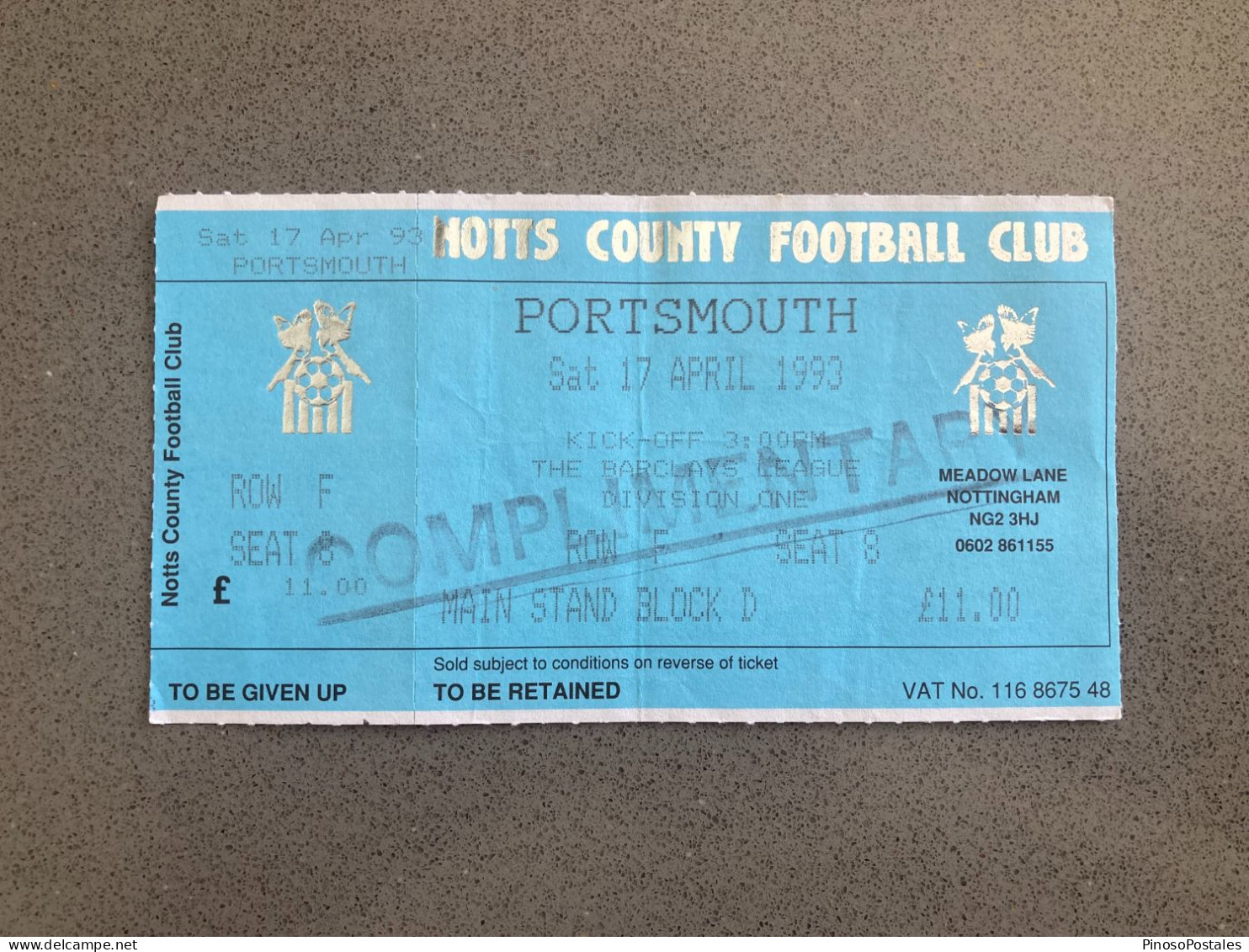 Notts County V Portsmouth 1992-93 Match Ticket - Tickets D'entrée