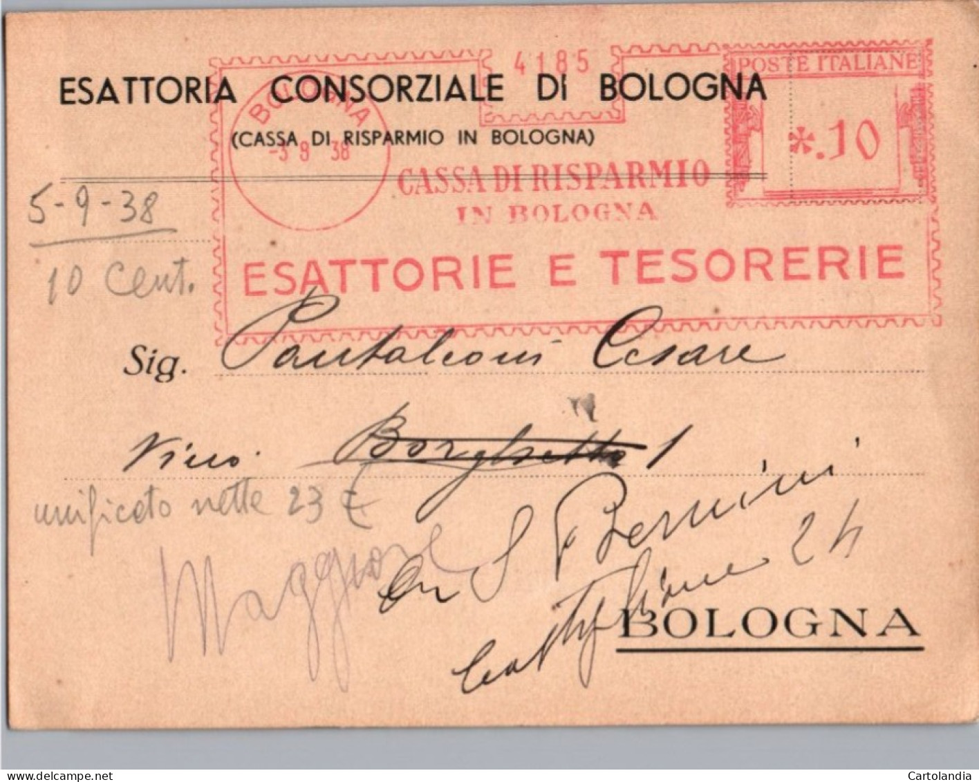 ITALIA 1938  -   Annullo Meccanico Rosso (EMA)cassa Di Risparmio In Bologna Esattoria E Tesoreria - Maschinenstempel (EMA)