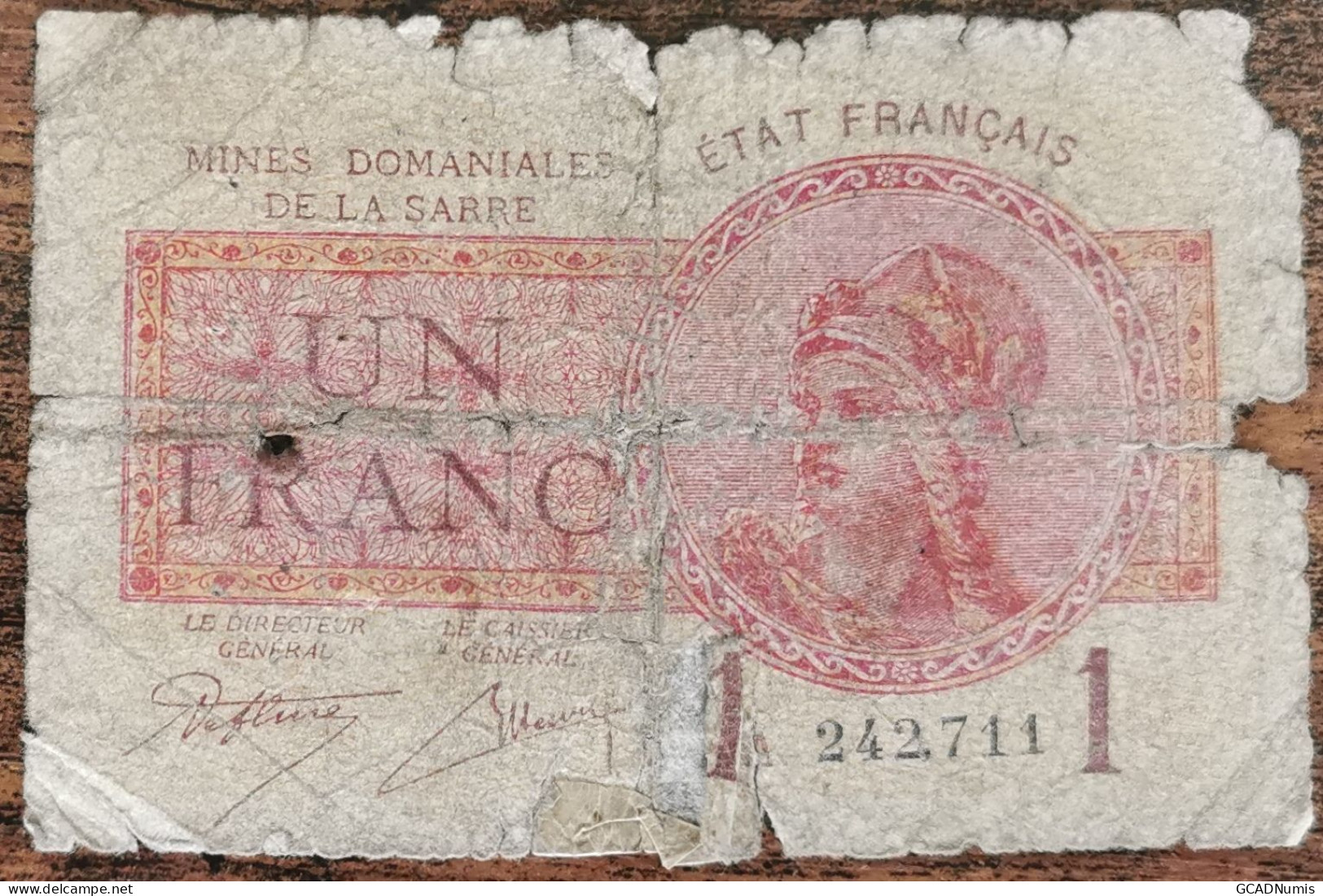 Billet De 1 Franc MINES DOMANIALES DE LA SARRE état Français A 242711  Cf Photos - 1947 Sarre