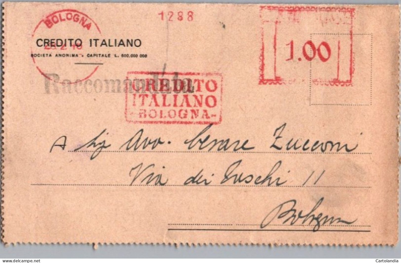 ITALIA 1946   -   Annullo Meccanico Rosso (EMA) Credito Italiano Bologna - Machines à Affranchir (EMA)