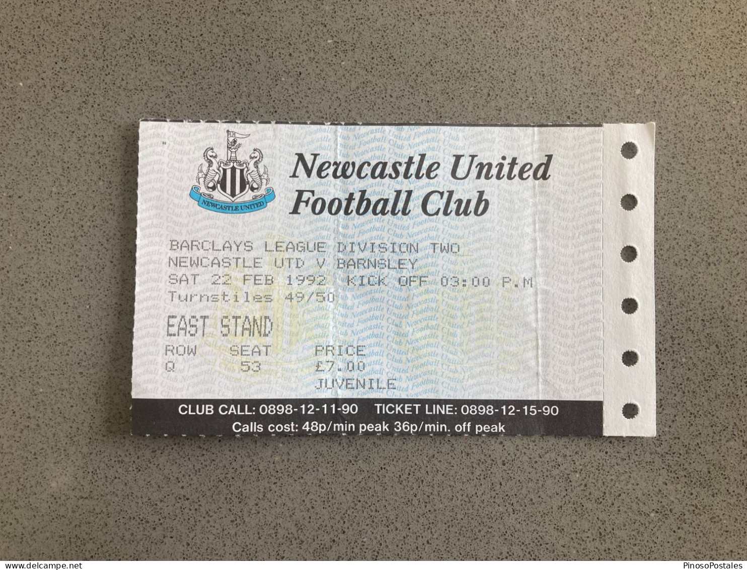 Newcastle United V Barnsley 1991-92 Match Ticket - Tickets D'entrée