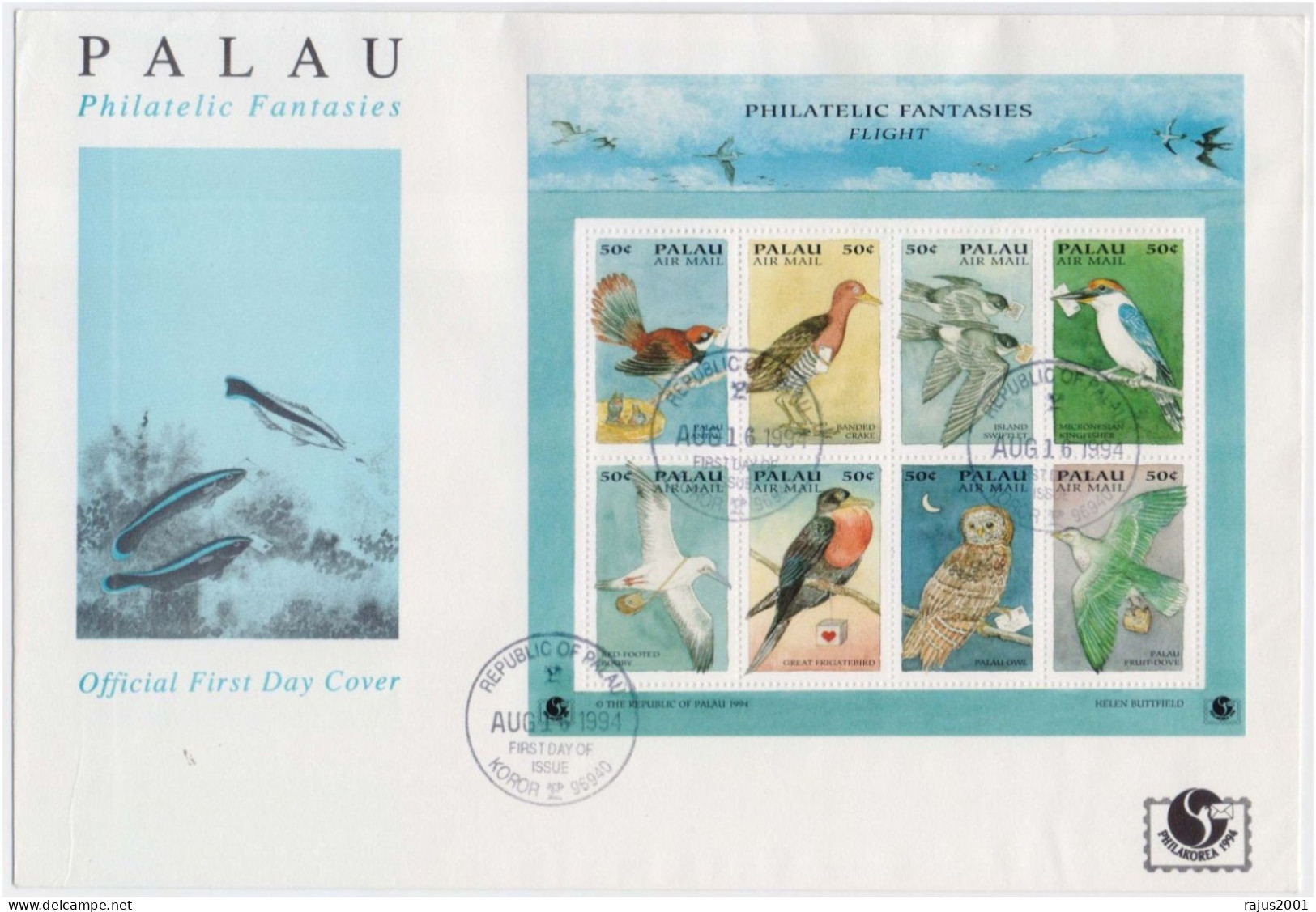 Philatelic Fantasies, OWL, Dove, Kingfisher, Bird,  Animal, Birds With Mail Letter & Parcel Flight, Full Sheet FDC Palau - Bats
