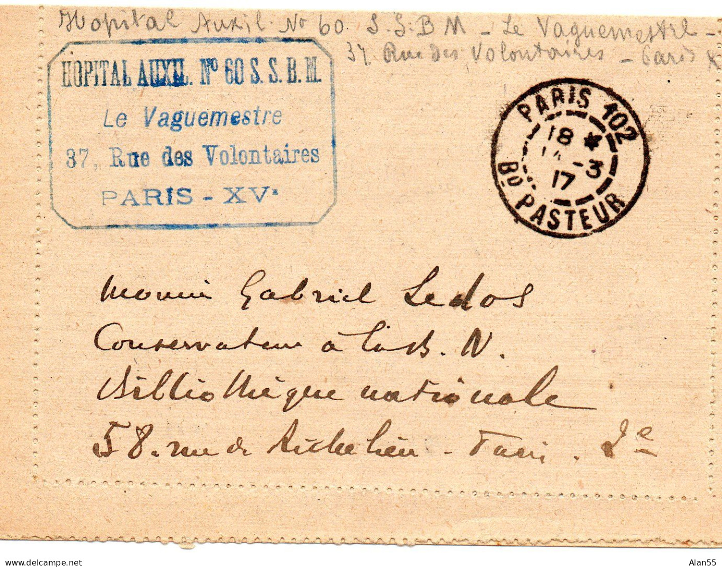 FRANCE.1917."HOPITAL  AUXILIAIRE  60. S.S.B.M.PARIS (SEINE) - War Of Algeria