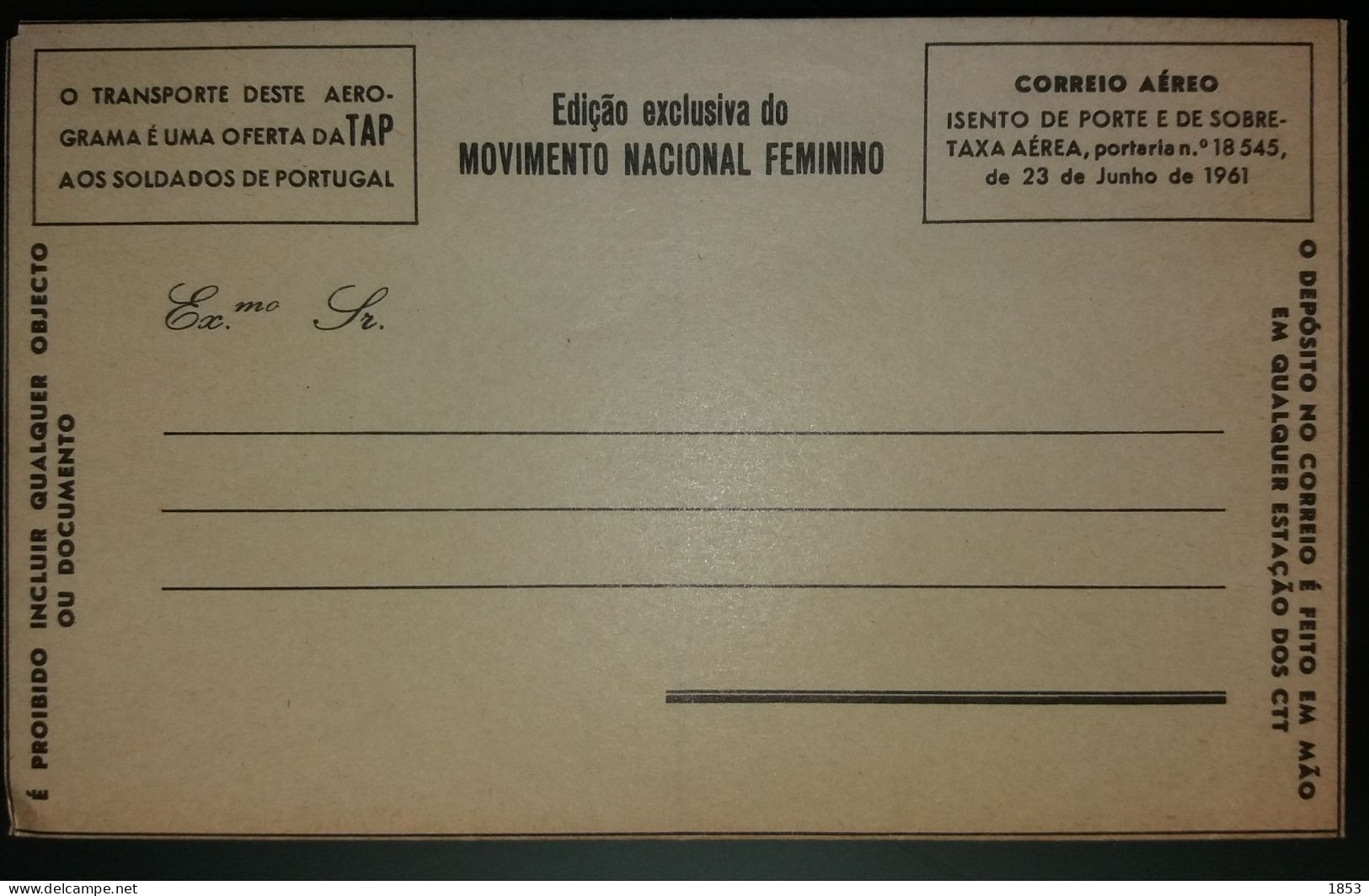 AÉROGRAMA - EDIÇÂO EXCLUSIVA DO MOVIMENTO NACIONAL FEMENINO - Lettres & Documents