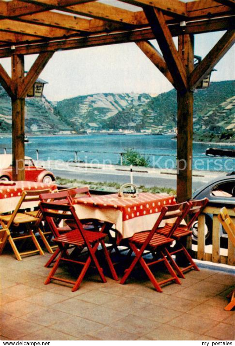 73856801 St Goarshausen Rhein Raststaette Loreley Terrasse Blick Auf Burg Katz  - Loreley