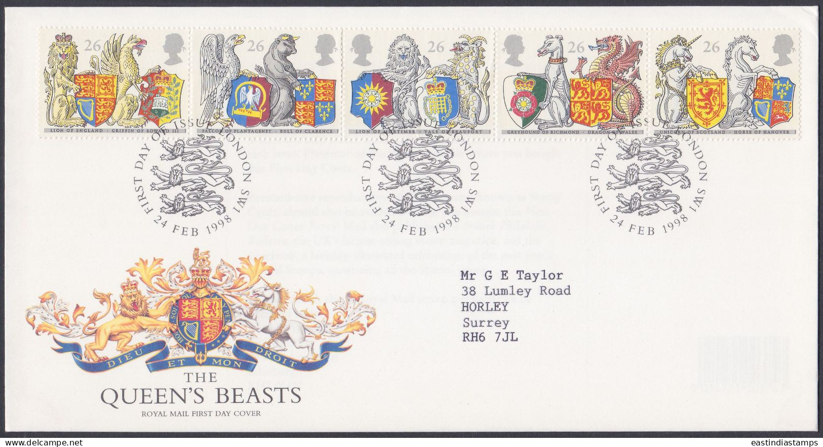 GB Great Britain 1998 FDC Queen's Beasts, Dragon, Horse, Lion, Unicorn, Falcon, Pictorial Postmark, First Day Cover - Storia Postale