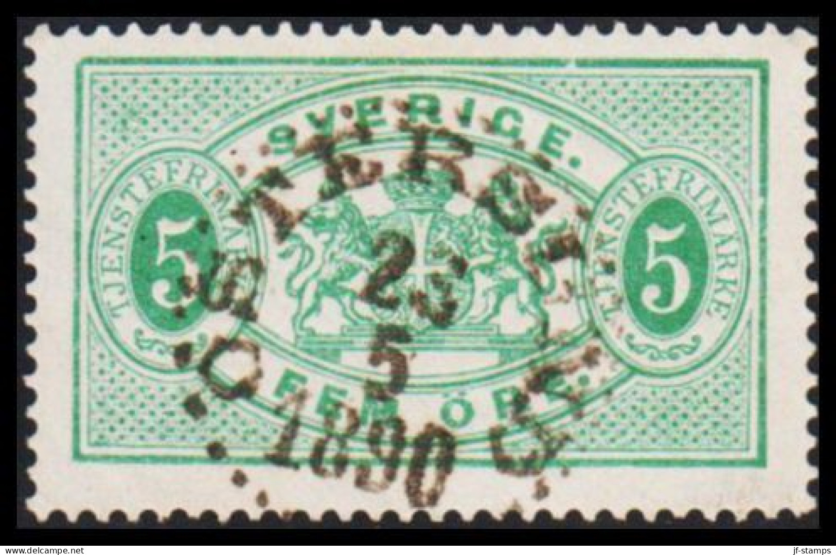 1877-1882. Coat-of-Arms. Perf. 13. 5 öre Green Luxus Cancelled ÖSTERSUND 23 5 1890. (Michel D. 3B) - JF545232 - Officials