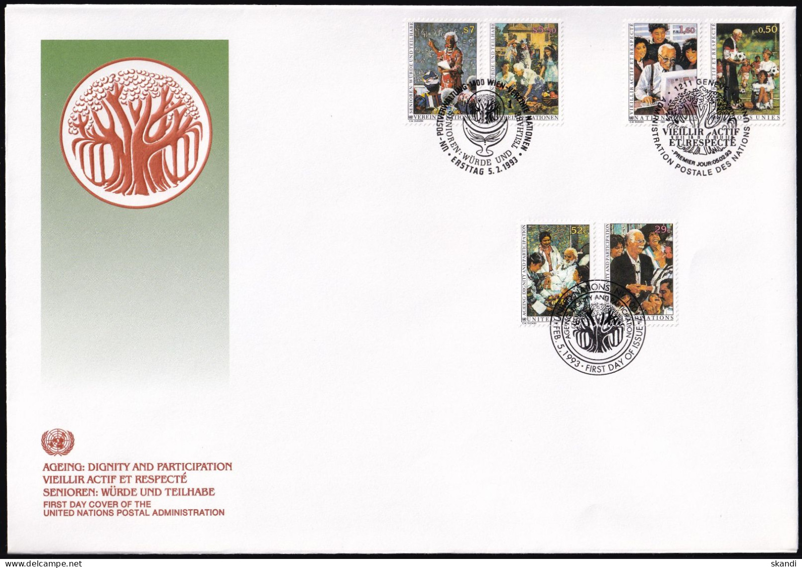 UNO NEW YORK - WIEN - GENF 1993 TRIO-FDC Senioren - Würde Und Teilhabe - New York/Geneva/Vienna Joint Issues