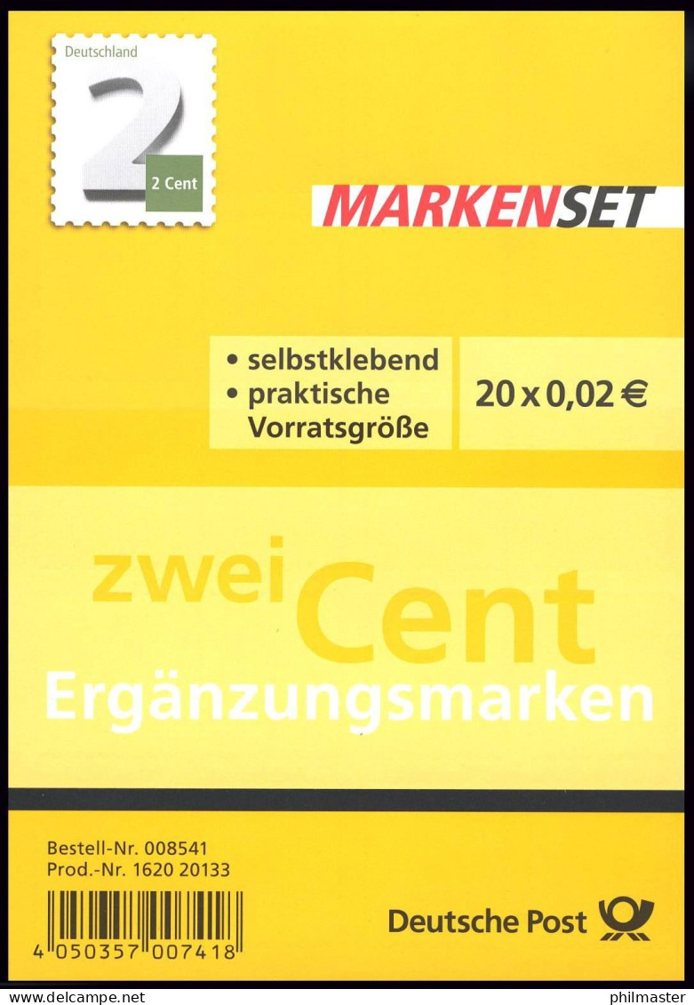 FB 34I Ergänzungsmarke 2 Cent, Folienblatt Mit 20 X 3045, EV-O Bonn - 2011-2020