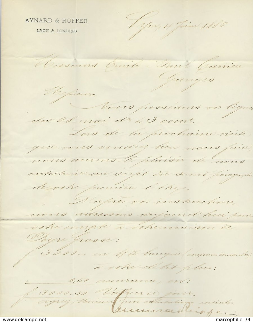 SAGE 15C PERFORE A.R. LYON DEPART 1886 LETTRE TEXTE AYNARD & RUFFER LYON ET LONDRES PEU COMMUN - Cartas & Documentos