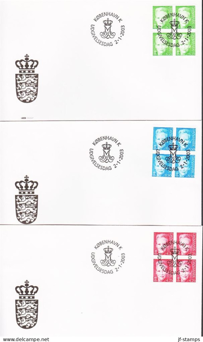 2003. DANMARK. Margrethe Complete Set With 4,25 + 6,25 And 8,50 In 4blocks On FDC 15.1.... (Michel 1327-1329) - JF544793 - Briefe U. Dokumente