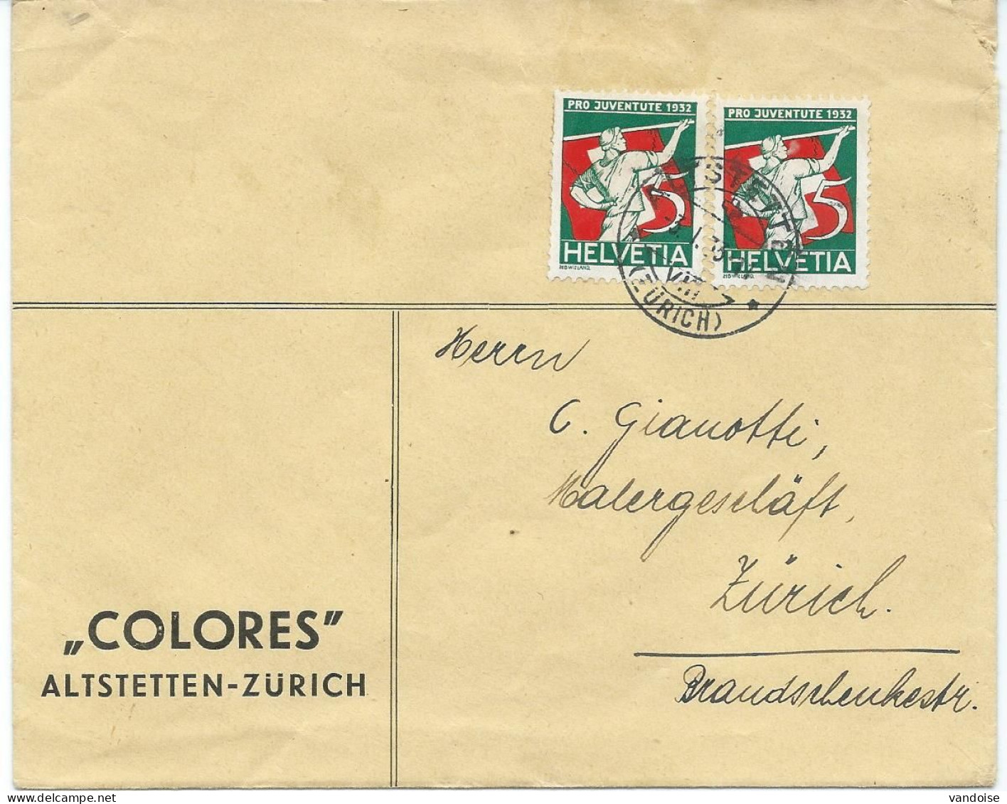 LETTRE AVEC 2 TIMBRES PRO JUVENTUTE 1932 LANCER DU DRAPEAU - Briefe U. Dokumente