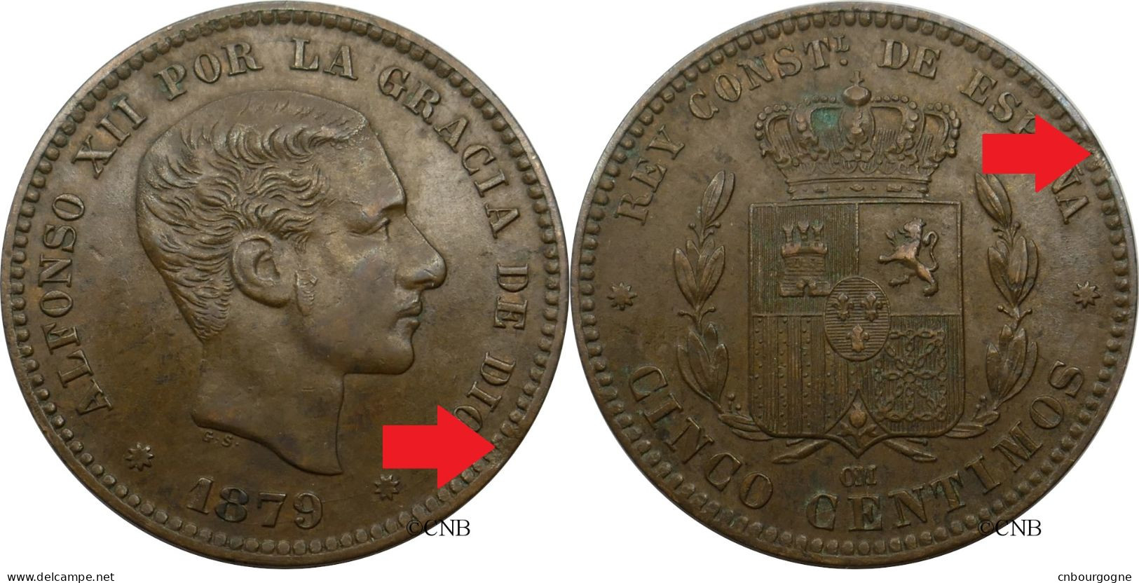 Espagne - Royaume - Alphonse XII - 5 Centimos 1879 OM Très Léger Clip - TTB+/AU50 - Mon5788 - First Minting