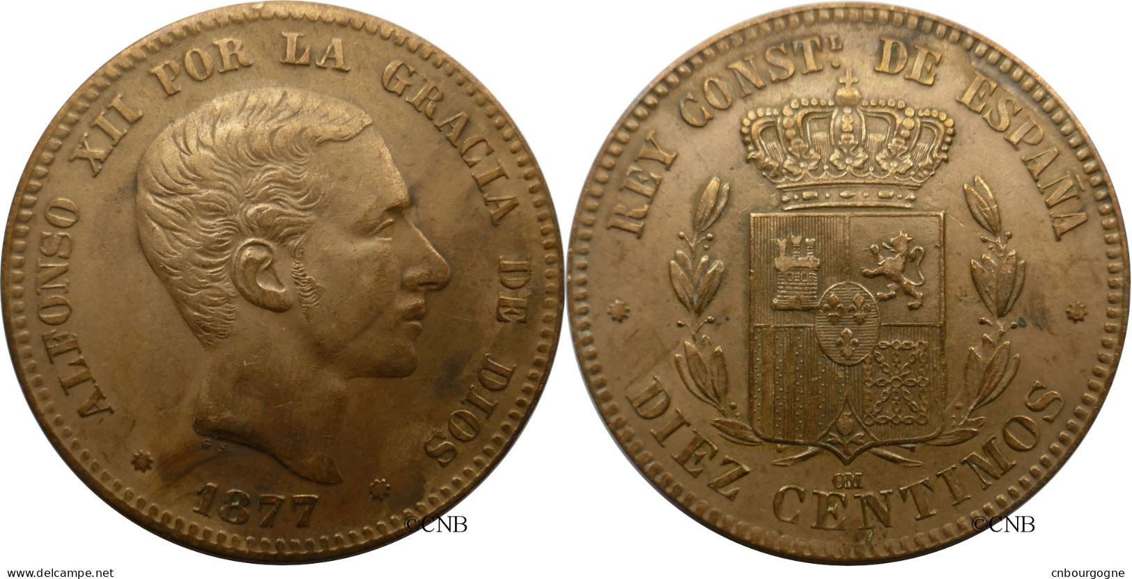 Espagne - Royaume - Alphonse XII - 10 Centimos 1877 OM - TTB+/AU50 Nettoyée - Mon5351 - Eerste Muntslagen