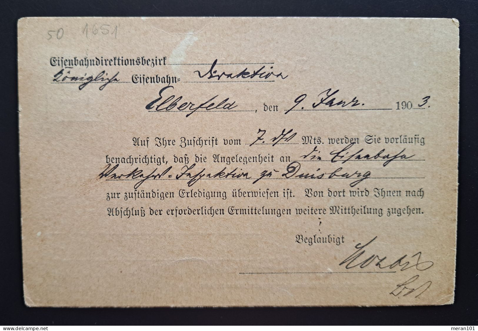 Dienst 1903, Eisenbahn Direktion Postkarte Mi 3 Elberfeld 9.1. Sehr Frühes Datum - Dienstzegels