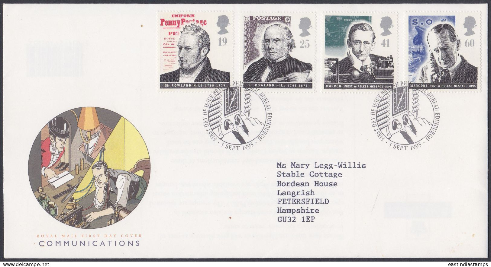 GB Great Britain 1995 FDC Rowland Hill, Marconi, Stamps, Radio, Communications, Pictorial Postmark, First Day Cover - Covers & Documents