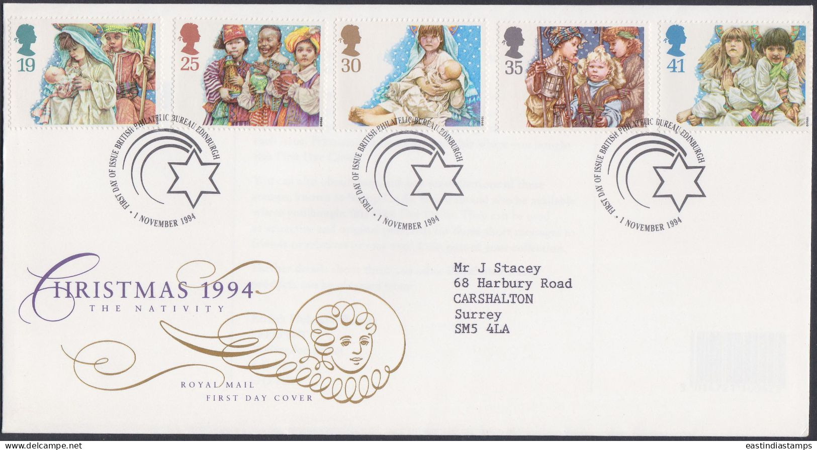 GB Great Britain 1994 FDC Christmas, Christainity, Christian, Festival, Holiday, Pictorial Postmark, First Day Cover - Brieven En Documenten