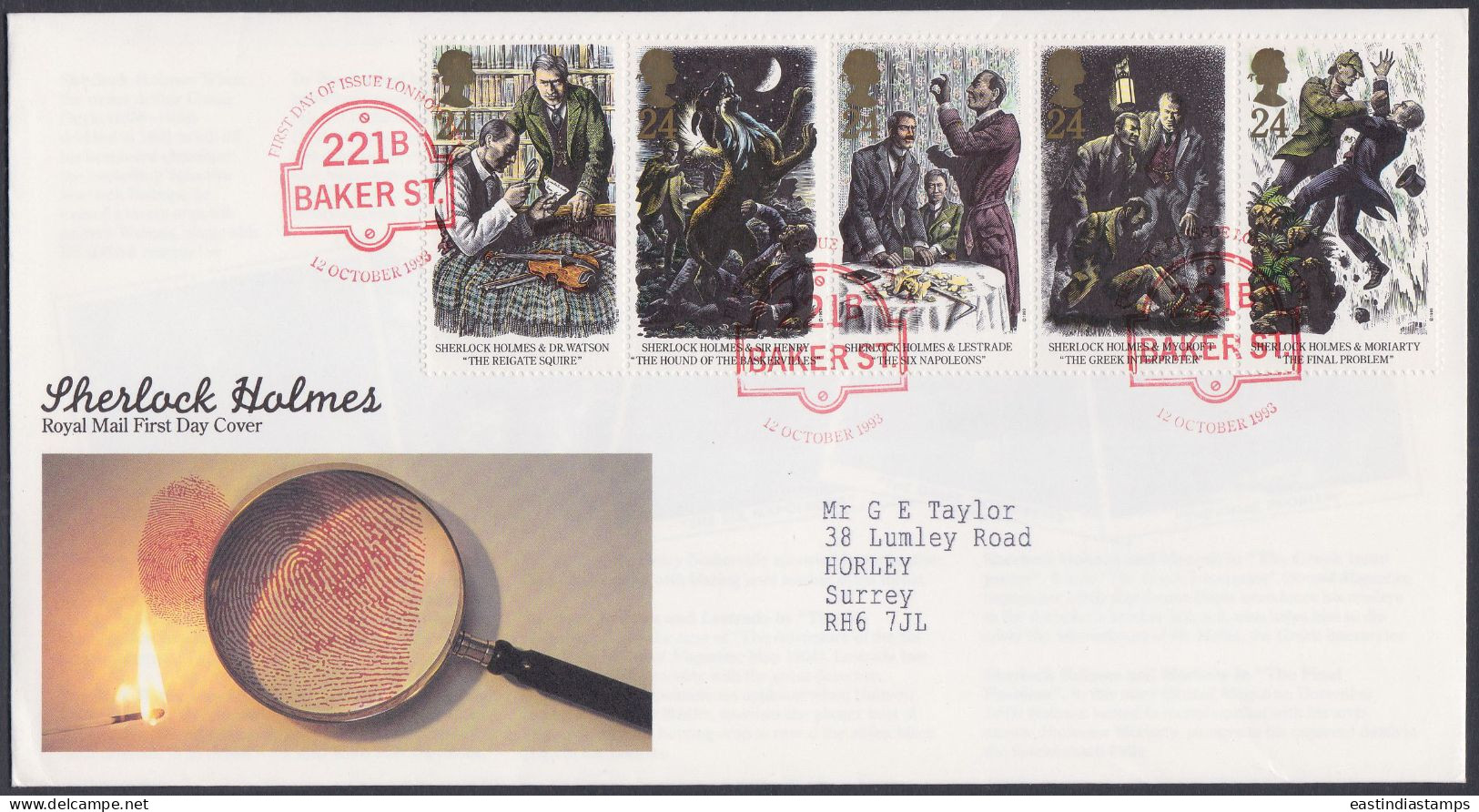 GB Great Britain 1993 FDC Sherlock Holmes, Literature, Story, Novel, Art, English, Pictorial Postmark, First Day Cover - Covers & Documents