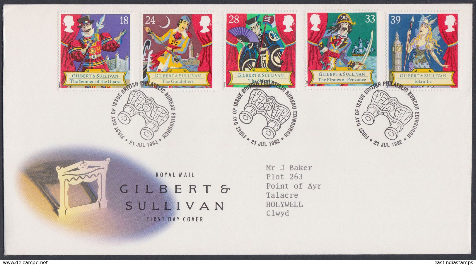 GB Great Britain 1992 FDC Gilbert And Sullivan, Play, Drama, Theatre, Culture, Pictorial Postmark, First Day Cover - Lettres & Documents